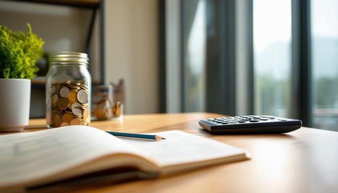 The photo captures a simple, minimalist desk setup in a bright and airy room. On the desk, there is a notebook open with a pencil resting on it, along with a calculator and a jar of coins symbolizing savings. The room is well-lit, showcasing a clean and organized space that is conducive to focusing on budgeting and saving. The camera lens used is wide angle to capture the entire desk area and the room in the background.