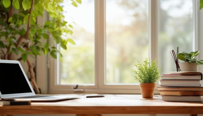 The photo shows a neat and organized home office setup with a wooden desk, a laptop, a stack of books, and a pen holder. The desk is positioned near a window with natural light streaming in, illuminating the space. A small potted plant sits on the sill, adding a touch of greenery to the scene. The camera lens used is a wide-angle lens, capturing the entire desk area with a slight tilt to give a unique perspective.