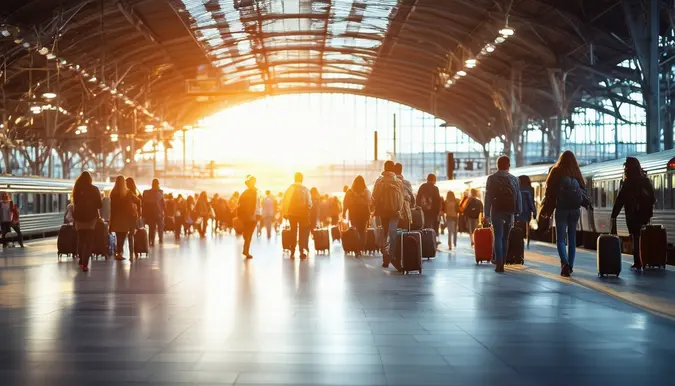 The photo captures a bustling train station filled with young travelers, luggage in tow, eagerly awaiting their next affordable adventure. The station is brightly lit with natural sunlight streaming in through large windows, highlighting the excitement and energy of the scene. The camera lens is wide-angle, capturing the vast expanse of the station and the various platforms.
