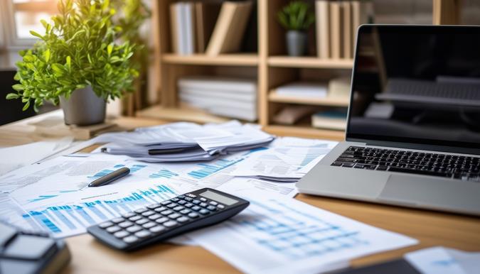 The photo shows a modern office desk with a laptop, calculator, and paperwork scattered across the surface. In the background, there is a shelf with books and a plant, creating a professional and organized workspace. The camera angle is slightly elevated, capturing the items on the desk from above. This scene conveys a sense of productivity and financial planning, fitting well with the idea of investing with small amounts mentioned in the article. The shot was taken with a wide-angle lens to capture the entire workspace.
