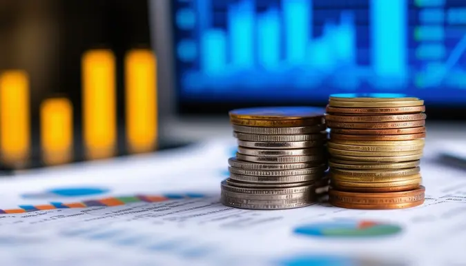 A close-up shot of a stack of coins against a blurred background of financial documents. The camera lens is a macro lens capturing the details of the coins, showcasing various denominations and currencies. The angle of the shot is slightly tilted to add a dynamic element to the composition. The background features papers with graphs, charts, and numbers symbolizing financial growth and investment.