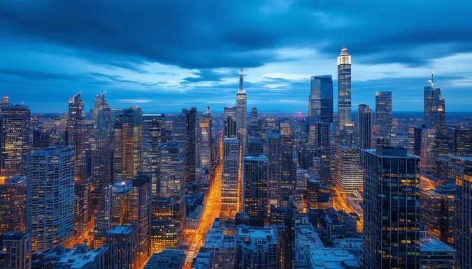 The photo shows a high-angle shot of a modern city skyline with skyscrapers and luxury apartments. The scene captures a bustling city known for its affluent residents and business opportunities. The camera lens used is a wide-angle lens to capture the vast urban landscape, highlighting the wealth and prosperity associated with the city.