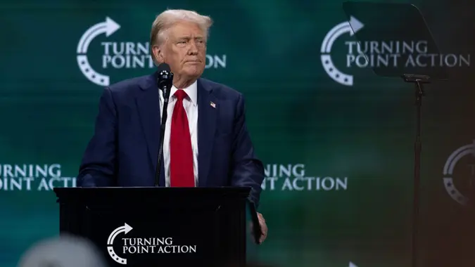 Former US President Donald Trump delivers remarks during Turning Point Action's 'Believers Summit' in West Palm Beach, Florida, USA, 26 July 2024.