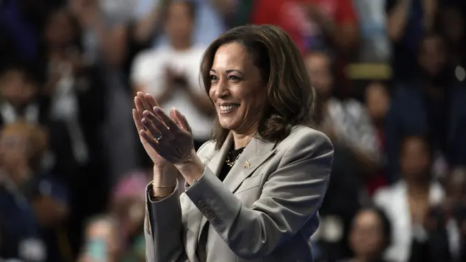 US Vice President Kamala Harris delivers remarks at Prince George Community College in Largo, Maryland on August 15, 2024.