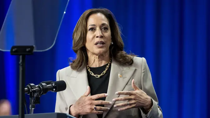 August 15, 2024, Marlboro, Maryland, USA: Vice President KAMALA HARRIS speaking about lowering the cost of prescription drugs at Prince George's Community College in Marlboro, MD (Credit Image: © Michael Brochstein/ZUMA Press Wire)Pictured: kamala harrisRef: BLU_S7861175 150824 NON-EXCLUSIVEPicture by: Michael Brochstein/ZUMA Press Wire / SplashNews.