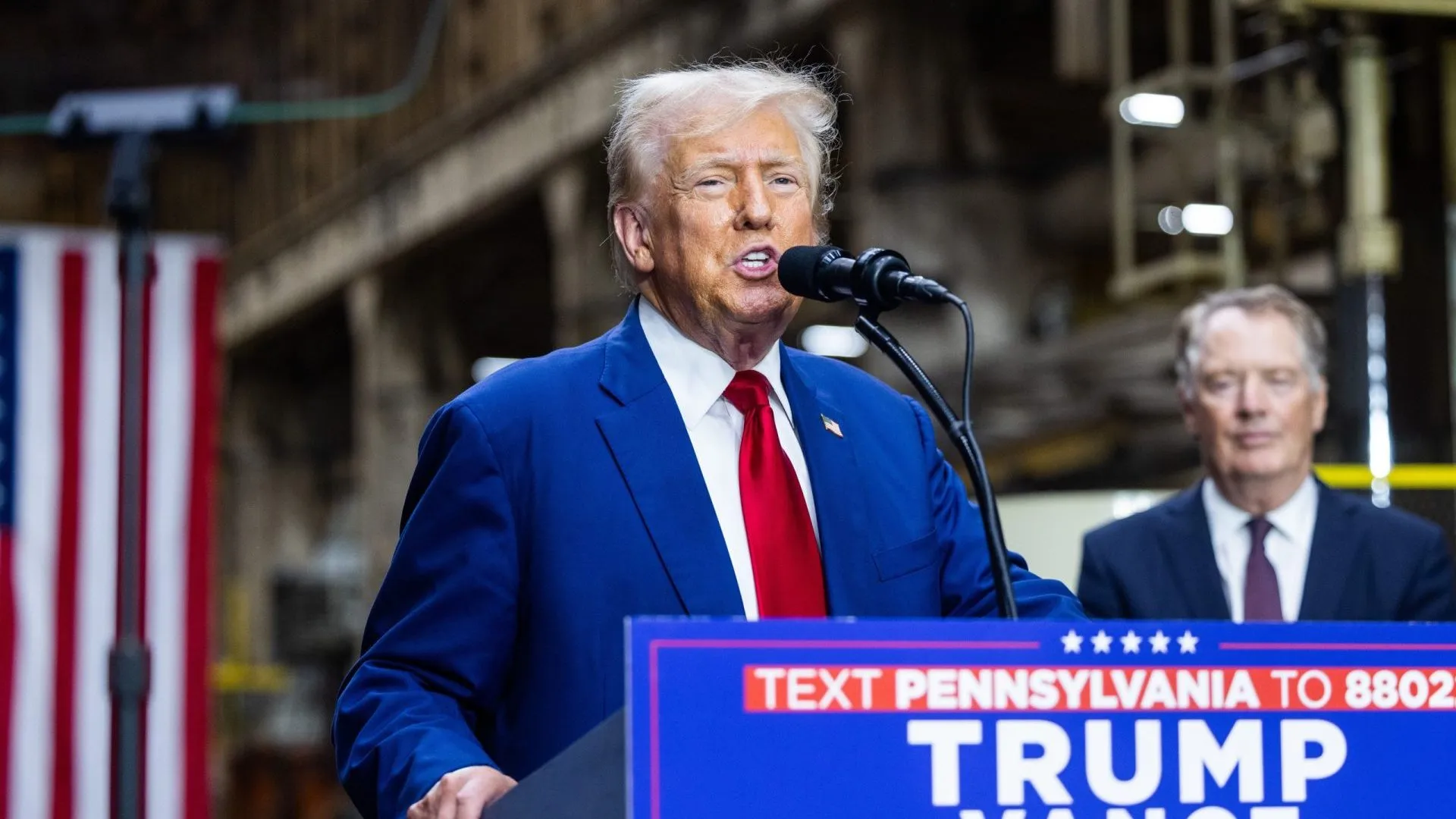 Former US President and Republican presidential nominee Donald Trump delivers remarks to the press on his economic agenda at a machining manufacturer in York, Pennsylvania, USA, 19 August 2024.
