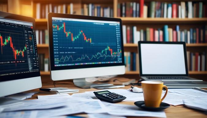 The photo shows a cluttered desk with multiple computer screens displaying stock charts and<a href=