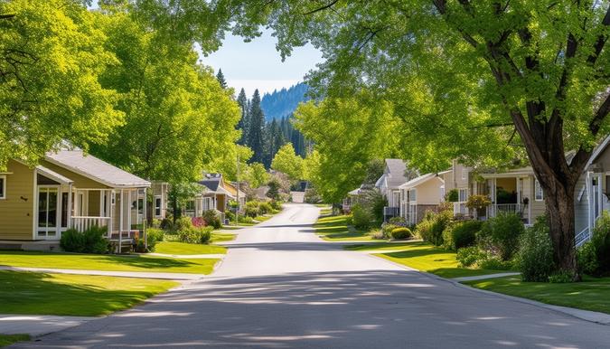 The photo shows a residential area in Oregon, with houses lined up along a tree-filled street. The houses are well-maintained and have a suburban feel to them. The shot is taken with a wide-angle lens, capturing the neighborhood's peaceful and quaint atmosphere. The trees provide a natural canopy overhead, creating a green and lush background for the houses. The scene conveys a sense of a comfortable and serene community, making it a fitting visual representation of the housing costs and expenses seniors face in Oregon.
