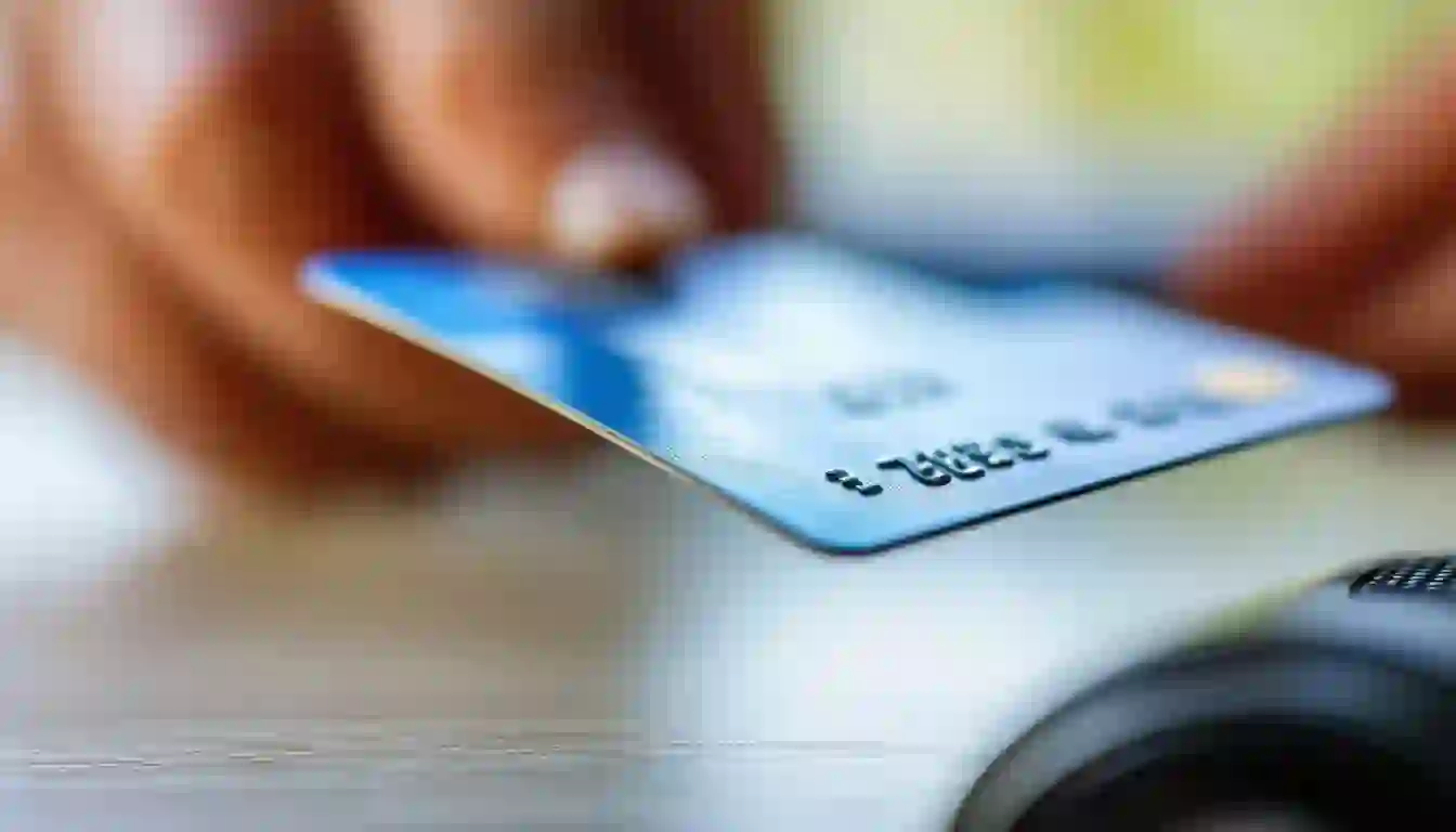 The photo shows a close-up shot of a hand holding a credit card, with the card being bent slightly to symbolize the idea of stopping its use. The background is a simple, neutral-colored desk, providing a minimalist setting for the main focus of the image. The camera lens used is a wide angle, capturing all the details of the credit card and the hand holding it.