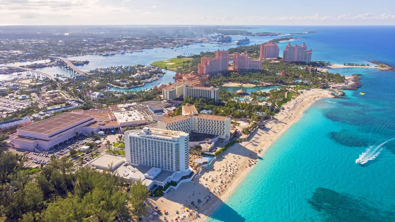 Aerial view of the the sandy coastline on the Paradise island, Bahamas stock photo