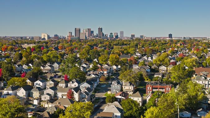 High Angle View of Downtown Columbus Skyline on Clear Day stock photo