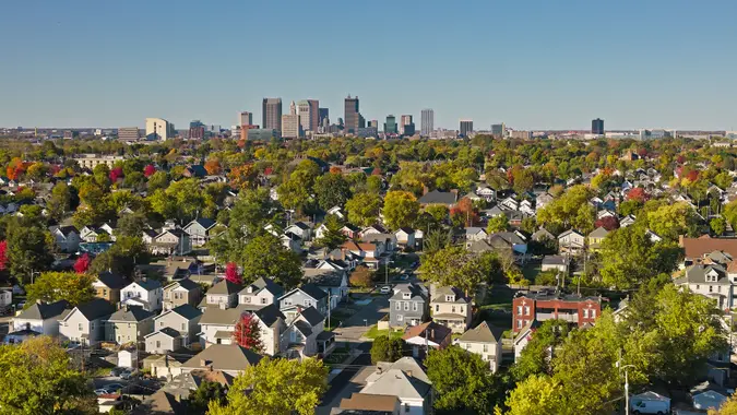 High Angle View of Downtown Columbus Skyline featuring buildings and trees on Clear Day