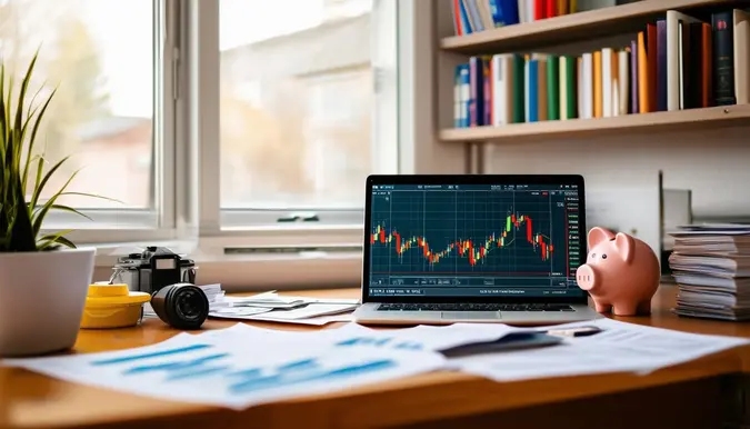 The photo showcases a modern home office with a desk cluttered with financial documents, a laptop displaying stock market charts, and a shelf with investment books and a piggy bank. The room is well-lit with natural light coming in from a window on the left side of the image. The camera angle is slightly above eye level, capturing the details of the workspace in a clean and organized manner using a wide-angle lens.