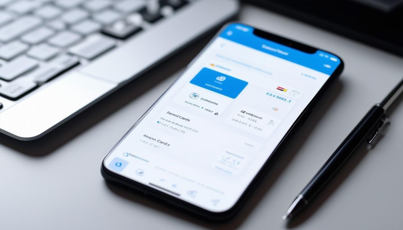 The photo shows a close-up shot of a sleek and modern mobile phone screen displaying a banking app interface with options to secure cards from a mobile device. The background is a clean and minimalistic desk with subtle hints of a keyboard and a pen, creating a professional and organized setting. The camera lens used is a macro lens, capturing the intricate details of the app interface, with a straight-on angle to focus on the screen.