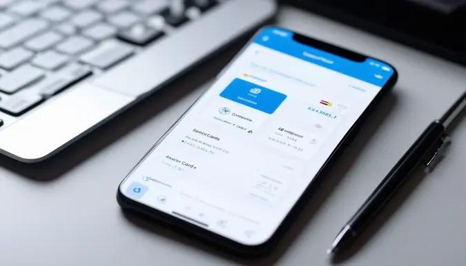The photo shows a close-up shot of a sleek and modern mobile phone screen displaying a banking app interface with options to secure cards from a mobile device. The background is a clean and minimalistic desk with subtle hints of a keyboard and a pen, creating a professional and organized setting. The camera lens used is a macro lens, capturing the intricate details of the app interface, with a straight-on angle to focus on the screen.