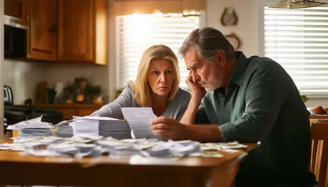 The photo shows a middle-aged couple sitting at their kitchen table in a modest suburban home in Texas. They are looking at a stack of bills with a worried expression on their faces. The background features a window with blinds partially closed, allowing faint sunlight to filter through, highlighting the somber mood of the scene. The camera angle is slightly elevated, capturing the couple's body language of concern and stress. The shot is taken with a wide-angle lens to emphasize the cluttered kitchen table filled with financial documents.