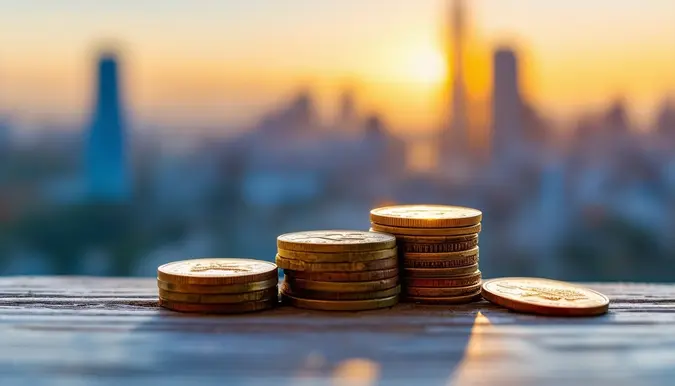 The photo is a close-up shot of a neat stack of coins against a blurred background of a city skyline. The coins are shiny and represent the concept of investing and financial growth. The city skyline in the background symbolizes opportunities for wealth-building and prosperity. The photo is captured with a wide-angle lens to emphasize the contrast between the stack of coins and the urban landscape in the distance.