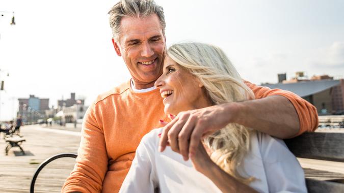 Senior couple dating outdoors stock photo