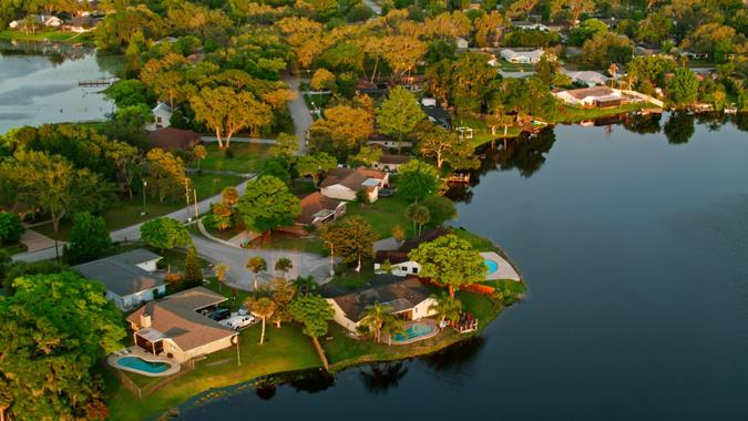 Aerial shot of the Orlando suburb of Longwood, Florida on a spring evening during golden hour.