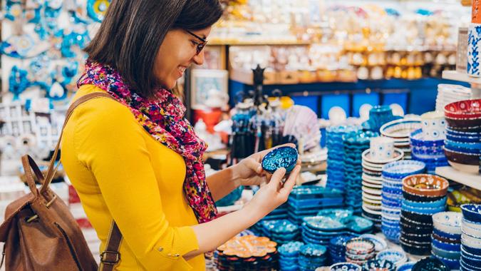 Woman shopping in bazaar market, Istanbul stock photo