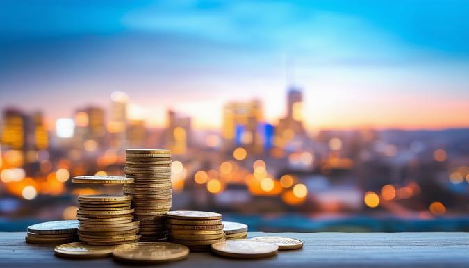 In the foreground, there is a close-up shot of a stack of coins of different denominations, symbolizing saving and investment. In the background, there is a blurred image of a modern city skyline with tall buildings and clear blue skies. The camera angle is slightly tilted upwards with a wide-angle lens, capturing the contrast between the financial concept and urban landscape.