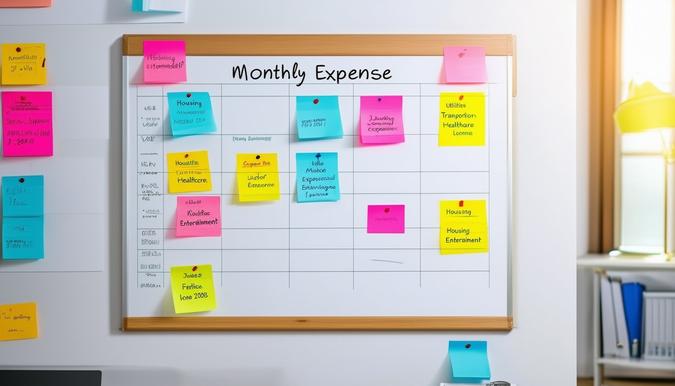 The photo shows a colorful array of neatly organized monthly expense categories written on a large whiteboard. Each category is labeled clearly, such as "Housing," "Utilities," "Transportation," "Healthcare," and "Entertainment." The whiteboard is against a plain, neutral-colored wall, giving a clean and organized look to the image. The shot is taken from a slightly elevated angle with a wide-angle lens, capturing the entire whiteboard in focus and emphasizing the importance of understanding and managing expenses in retirement planning.