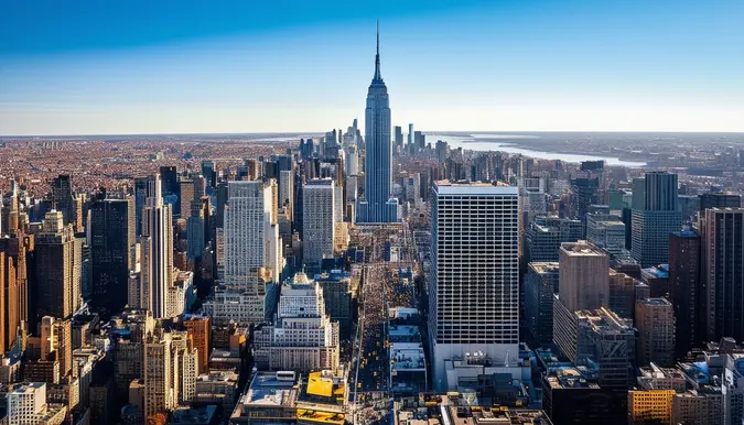 The photo shows a panoramic view of the New York City skyline, with iconic buildings such as the Empire State Building and One World Trade Center standing tall against the backdrop. The bustling city streets are visible below, filled with yellow taxis and pedestrians going about their day. The camera lens used is a wide-angle lens, capturing the expansive cityscape in sharp detail. The angle of the shot is slightly elevated, offering a bird's eye view of the city that never sleeps.