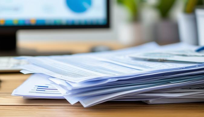 The photo shows a close-up shot of a stack of financial documents such as tax forms, investment reports, and retirement account statements on a wooden table. The camera angle is slightly tilted to add visual interest and depth to the composition. The background is a neutral, soft-focus office setting, with a few office supplies and a computer monitor partially visible. The image conveys a sense of organization and preparation for retirement planning. Shot with a wide-angle lens to capture all the details of the documents and table surface.