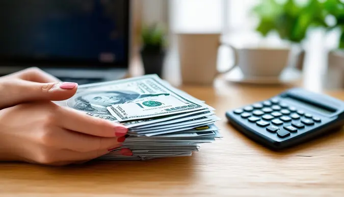 A close-up shot of a woman's hands holding a stack of bills and a calculator on a wooden desk. The background displays a blurry laptop and a cup of coffee, creating a cozy home office environment. Taken with a macro lens at a slightly angled perspective to emphasize the focus on financial stress and budgeting.