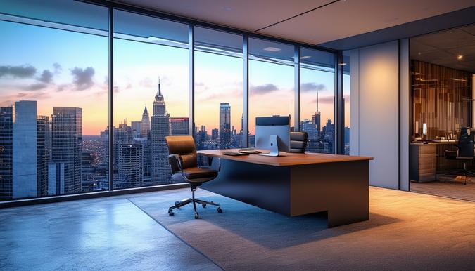 The AI-generated photo could show a sleek, modern office space with a large desk and a computer, symbolizing professional guidance from a financial advisor. The office could have a glass window overlooking a city skyline, indicating success and wealth. The photo would be taken from a high angle using a wide-angle lens to capture the entire office space and the city view outside. The office decor could be minimalistic and professional, with subtle hints of luxury such as a leather chair or a high-end lamp.