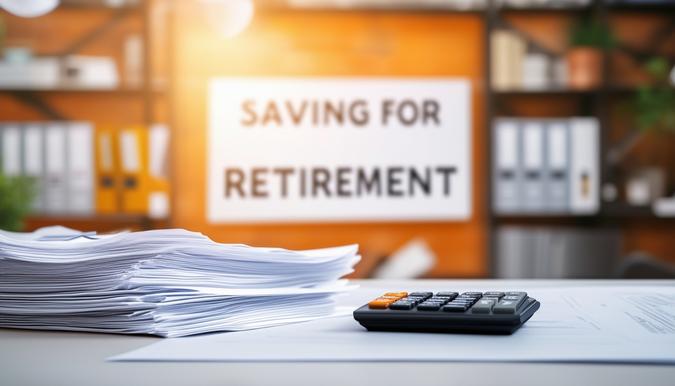 The photo shows a well-lit modern office space with a clean, organized desk set up. The focus is on a stack of financial documents and a calculator placed neatly on the desk. The background features shelves filled with finance books and a motivational poster emphasizing the importance of saving for retirement. Shot using a wide-angle lens to capture the entire office space in a professional setting.