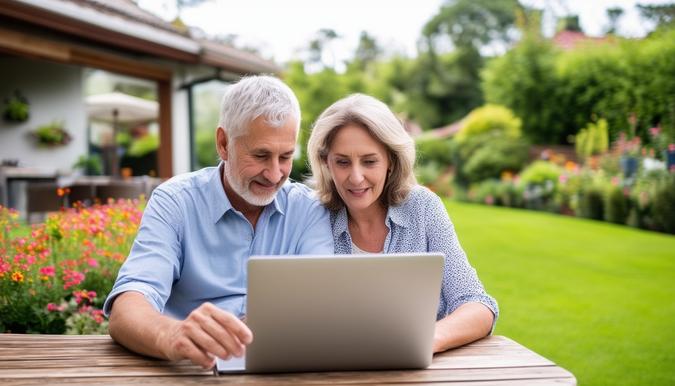 The photo shows a mature couple sitting at a wooden table in the backyard of their suburban home, looking at a laptop screen showing financial information. The background features a vibrant garden with colorful flowers and a neatly trimmed lawn. The camera angle is slightly elevated, capturing the couple in a relaxed posture as they discuss retirement planning. The focus is on the couple and the laptop screen, conveying a sense of financial security and preparedness for the future. The shot is taken with a wide-angle lens to capture the details of the outdoor space and the expressions on the couple's faces.