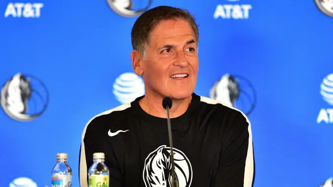 Mark Cuban (C) owner of NBA Dallas Mavericks taliking in Luka Doncic  NBA Star from Slovenia Press Conference.