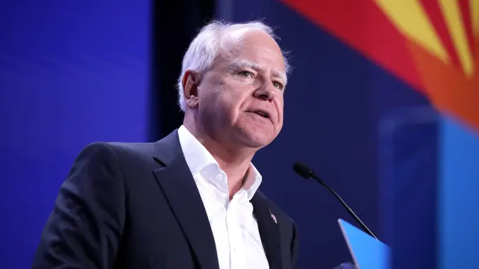 Democratic vice presidential nominee and Governor TIM WALZ speaks at a debate watch party at the Mesa Convention Center in Mesa, Arizona.