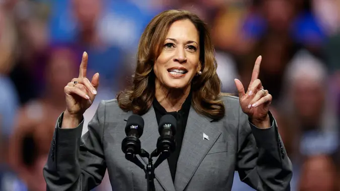 Democratic presidential candidate US Vice President Kamala Harris speaks during a campaign event at Veterans Memorial Coliseum at Alliant Energy Center in Madison, Wisconsin, USA, 20 September 2024.