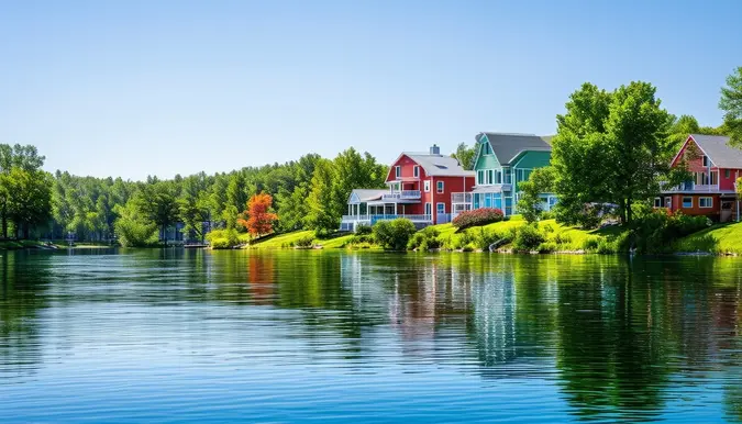 The photo is a wide-angle shot of a peaceful lakeside community in one of the states mentioned in the article. The camera lens captures the calm waters of the lake, surrounded by colorful houses and lush green trees. The angle of the shot is from a slightly elevated position, providing a sweeping view of the serene setting. The scene conveys a sense of tranquility and natural beauty, making it an ideal location for retirement.