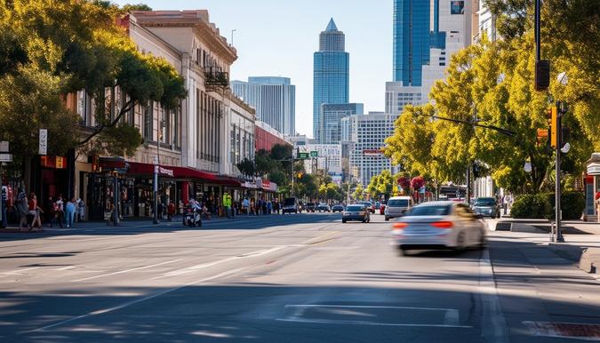 The photo shows a bustling city street in San Jose, California. The view captures a mix of modern skyscrapers and historic buildings, with people walking along the sidewalks and cars driving down the road. The shot is taken with a wide-angle lens from a low angle, emphasizing the height of the buildings and the busy urban environment.