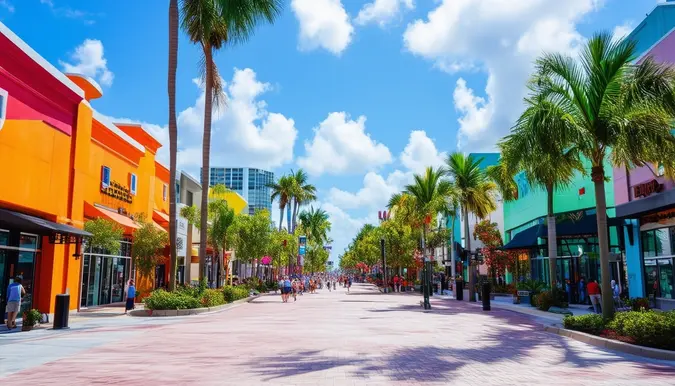 The photo shows a bustling street in Miami, Florida, lined with colorful storefronts and palm trees. The camera lens used is a wide-angle lens to capture the vibrant atmosphere of the city. The shot is taken from a low angle to showcase the busy foot traffic and the modern architecture in the background. The scene conveys a sense of energy and opportunity, reflecting the thriving business landscape in the Sunshine State.