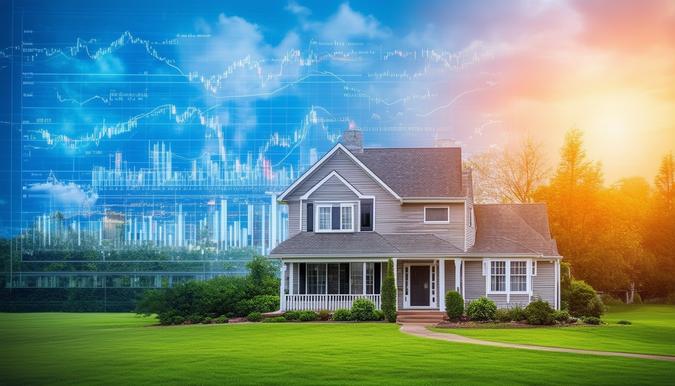The photo features a small, cozy house with a neatly trimmed garden in the foreground and a diverse range of financial assets in the background. The house is a modest size, suggesting a practical approach to retirement planning. The financial assets include stocks, bonds, and savings accounts, symbolizing the importance of diversifying investments beyond real estate. The shot is taken from a slightly elevated angle to capture both the house and the assets in the background, creating a balanced composition. The camera lens used is a wide-angle lens to capture the breadth of the assets while still keeping the house in focus.