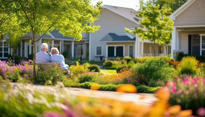 The photo shows a serene and peaceful retirement community with well-maintained gardens and a couple sitting on a bench, enjoying the sunshine. The scene captures the essence of retirement planning, with the focus on relaxation and enjoying life after work. The camera lens used is wide-angle to capture the entire community, including the vibrant colors of the flowers and greenery, and the angle of the shot is slightly elevated to showcase the community layout.