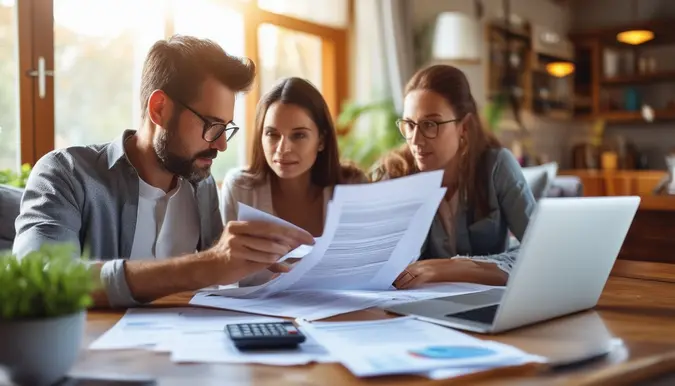 The photo is a close-up shot of a family looking over financial documents together at a dining table in a cozy and warmly lit living room. The focus is on a young couple discussing life insurance options with a financial advisor, surrounded by papers, a laptop, and a calculator. The scene conveys a sense of security and planning for the future. The photo was taken with a wide-angle lens to capture the entire family engaged in the discussion.