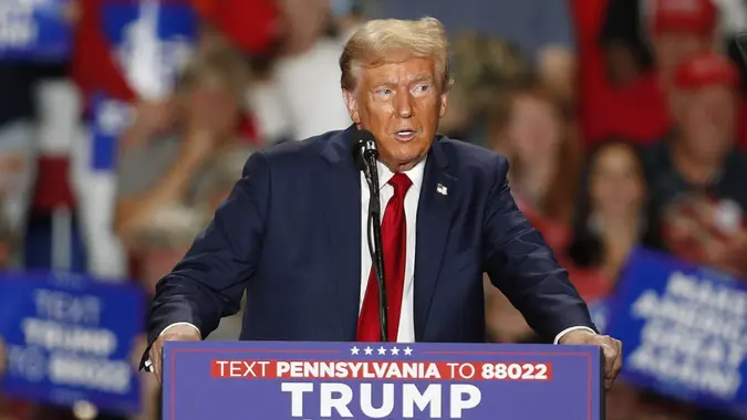 Former US president and republican presidential candidate Donald Trump speaks during a campaign rally at the Bayfront Convention Center in Erie, Pennsylvania, USA, 29 September 2024.