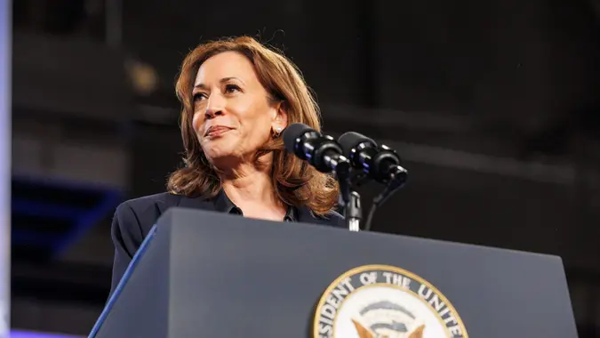 October 4, 2024, Flint, Michigan, USA: Vice President KAMALA HARRIS speaks at a rally in Flint, Mich.