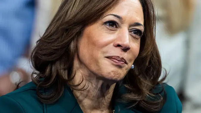 US Vice President and Democratic presidential candidate Kamala Harris speaks with former Republican Congresswoman Liz Cheney (not pictured) during a Harris presidential campaign event in Malvern, Pennsylvania, USA, 21 October, 2024.