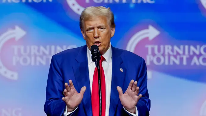Former US president and Republican presidential nominee Donald Trump speaks at the Turning Point PAC campaign rally at the Gas South Arena, in Duluth, Georgia, USA, 23 October 2024.