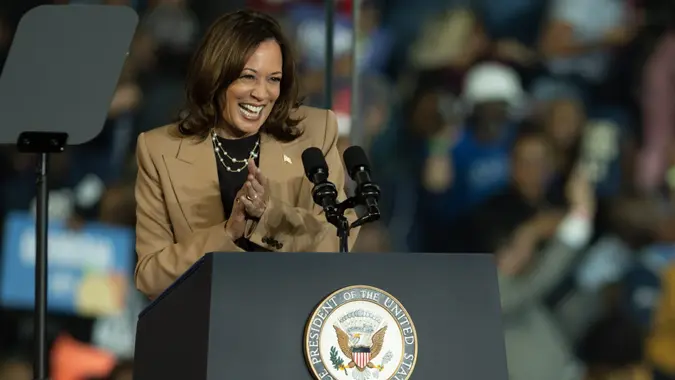 Vice-President Kamala Harris on the stage of the Harris Walz Campaign Rally in Atlanta,Georgia October 24, 2024.