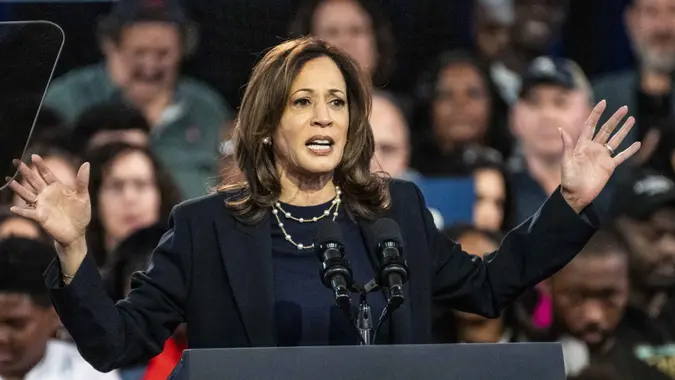 October 27, 2024, Philadelphia, Pennsylvania, USA: Vice President KAMALA HARRIS speaking at a campaign rally at the The Alan Horwitz ''Sixth Man'' Center in Philadelphia, Pennsylvania.