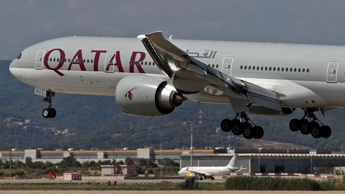 A Boeing 777-3DZ(ER) from Qatar Airways lands at Barcelona airport in Barcelona, Spain, on September 2, 2024.