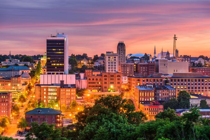 Lynchburg, Virginia, USA downtown city skyline at dusk.