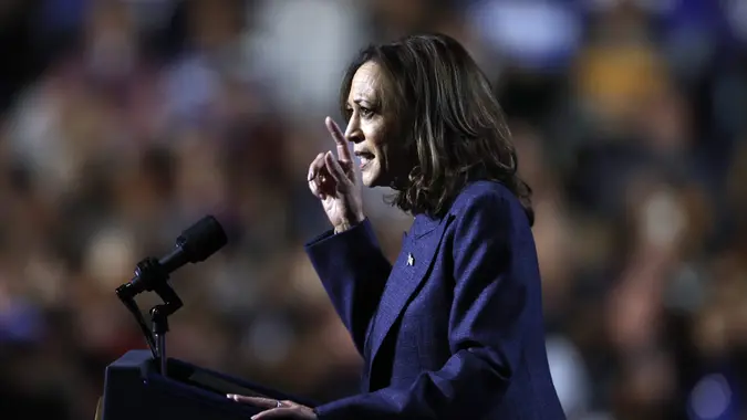 Democratic presidential candidate US Vice President Kamala Harris speaks during a Get Out the Vote rally in East Lansing, Michigan, USA, 03 November 2024.